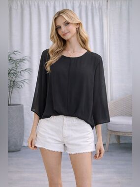Foreign Exchange Black Sheer Batwing Blouse Dolman Sleeve Flowy Top | Size S